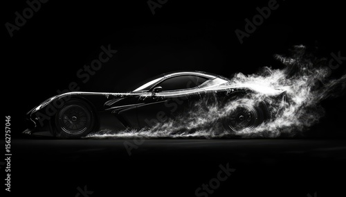 Sleek black sports car in motion, smoke trails
