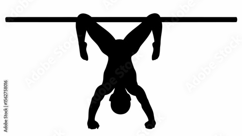 Silhouette of a person hanging upside down from a horizontal bar with legs spread wide and arms extended
