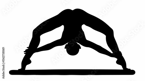Silhouette of woman in wide legged forward bend yoga pose with hands on feet on a yoga block pose