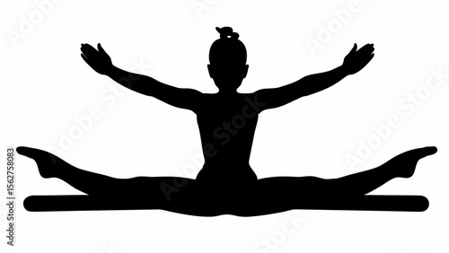Silhouette of gymnast performing a split with arms outstretched on a white background image view