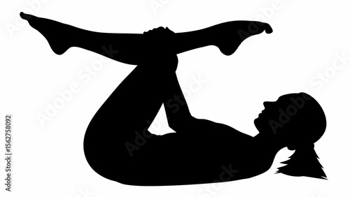 Silhouette of a woman in a reclined yoga pose with legs raised and hands holding her legs above her