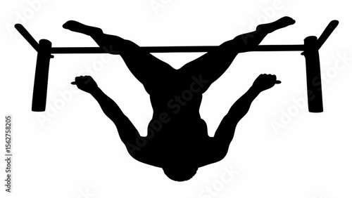 Silhouette of a man performing an inverted hang on a pull up bar with arms extended outward and legs up