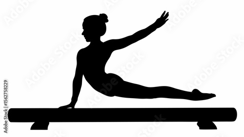 Silhouette of a gymnast performing a skill on a balance beam with arm extended in the air above her head