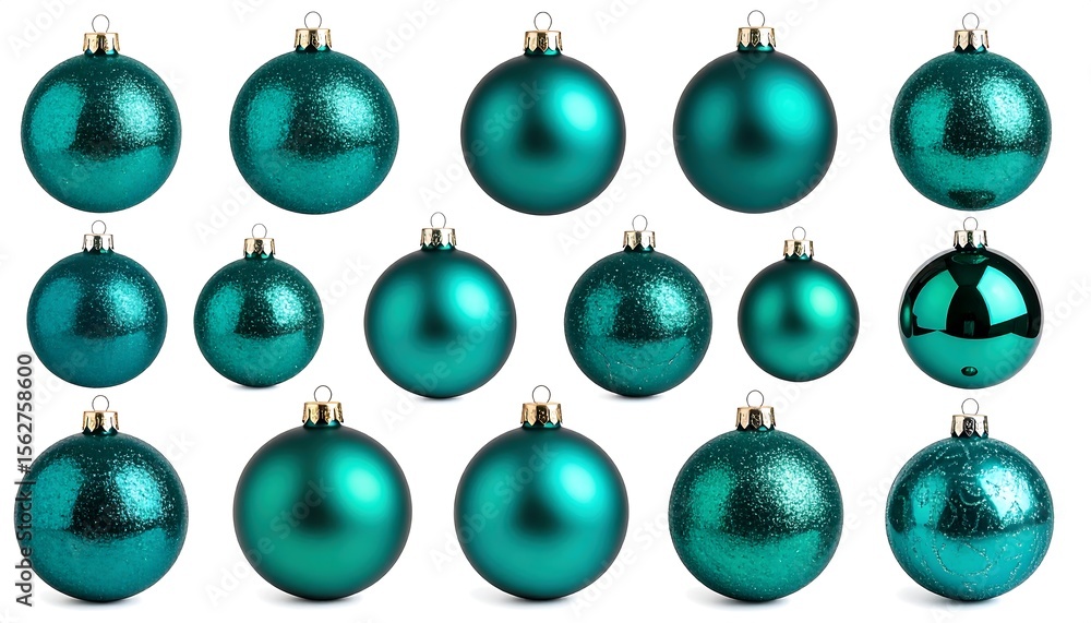 Teal Christmas ornaments on a white backdrop. Teal Christmas ornaments on a white backdrop.