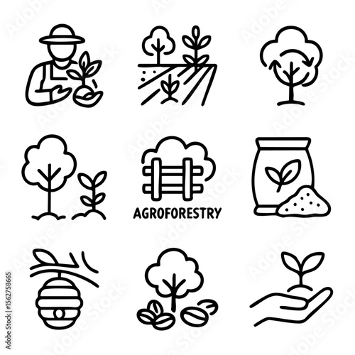 A set of doodle line icons representing agroforestry, tree planting, sustainable farming, organic cultivation, and environmental care