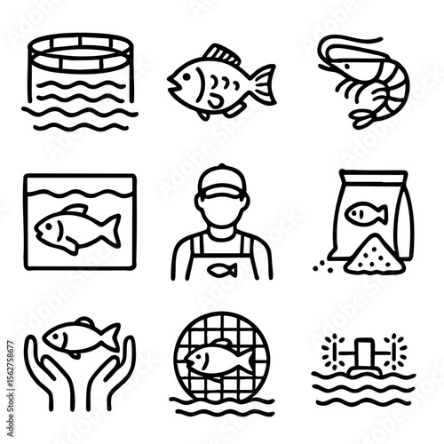 A set of doodle line icons illustrating aquaculture, fish farming, shrimp cultivation, fish feed, hatcheries, and sustainable seafood production
