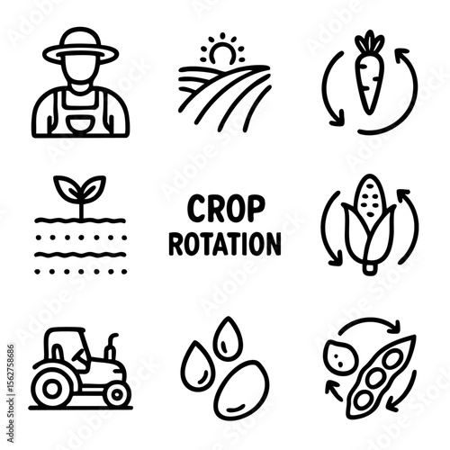 A set of doodle line icons showing crop rotation, soil health, seasonal farming, seed diversity, and agricultural sustainability