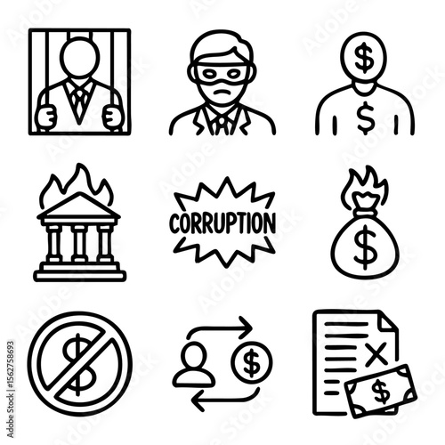 A set of doodle line icons about corruption, bribery, fraud, financial crime, embezzlement, illegal transactions, and unethical behavior