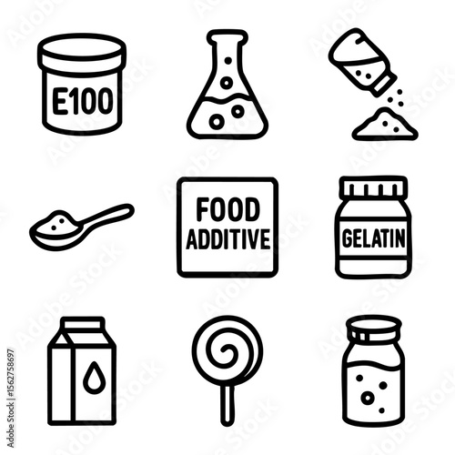 A set of doodle line icons featuring food additives, preservatives, sweeteners, gelatin, flavor enhancers, and processed ingredient symbols