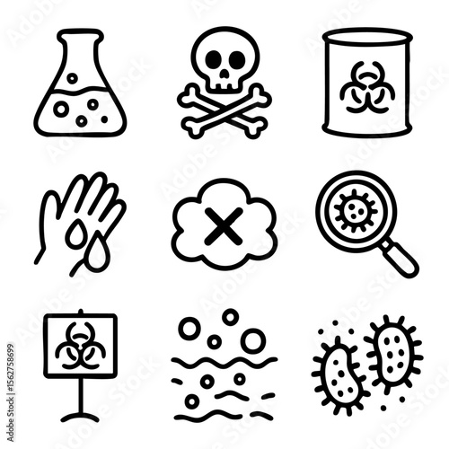 A set of doodle line icons depicting toxic materials, contamination, hazardous waste, biohazards, bacteria, and laboratory safety precautions