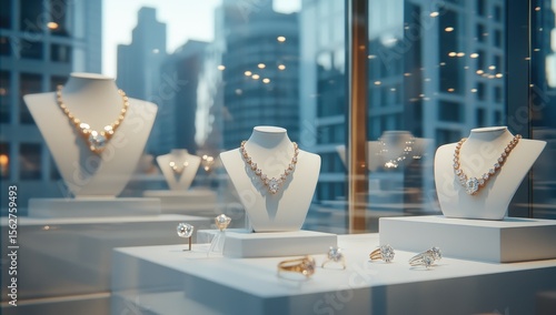 Luxury jewelry display in city window