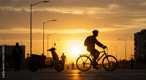 Silhouetted cyclist rides past a scooter at sunset, enjoying a peaceful evening commute.