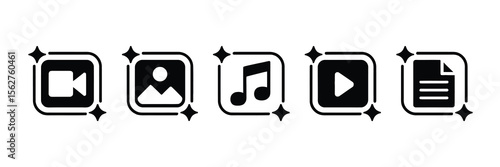 AI icon set. Buttons for generate media files image, video, audio and text with artificial intelligence. icons for app, website and user interfac and vector illustration