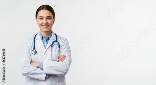 young adult doctor wearing lab coat with faint smile, arms crossed, standing proudly. Isolated subject without props or text.