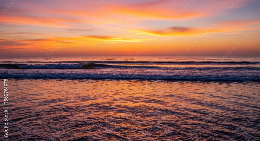Obraz premium A serene sunset over a calm ocean with soft waves and golden light