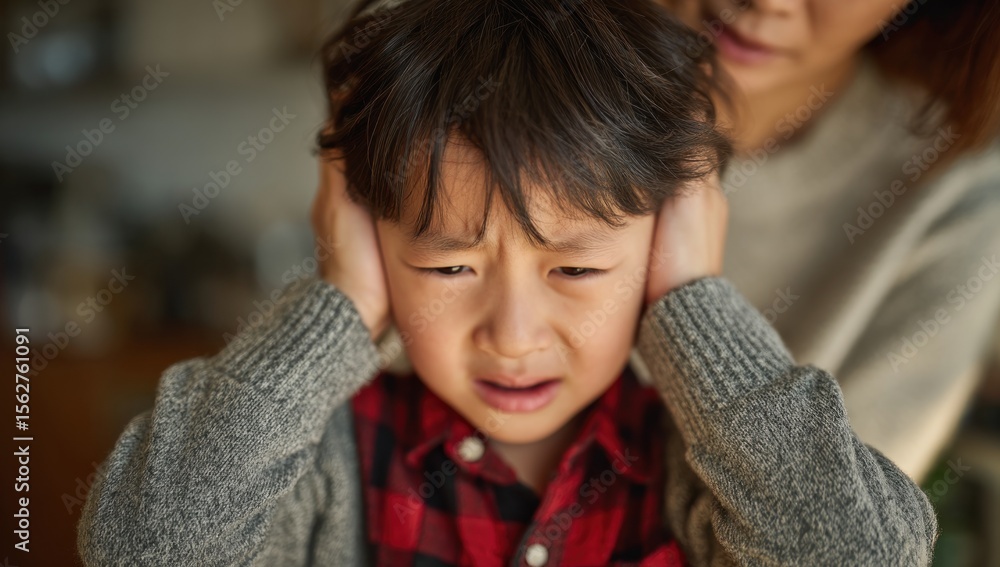 A child crying with hands over ears A child crying with hands over ears