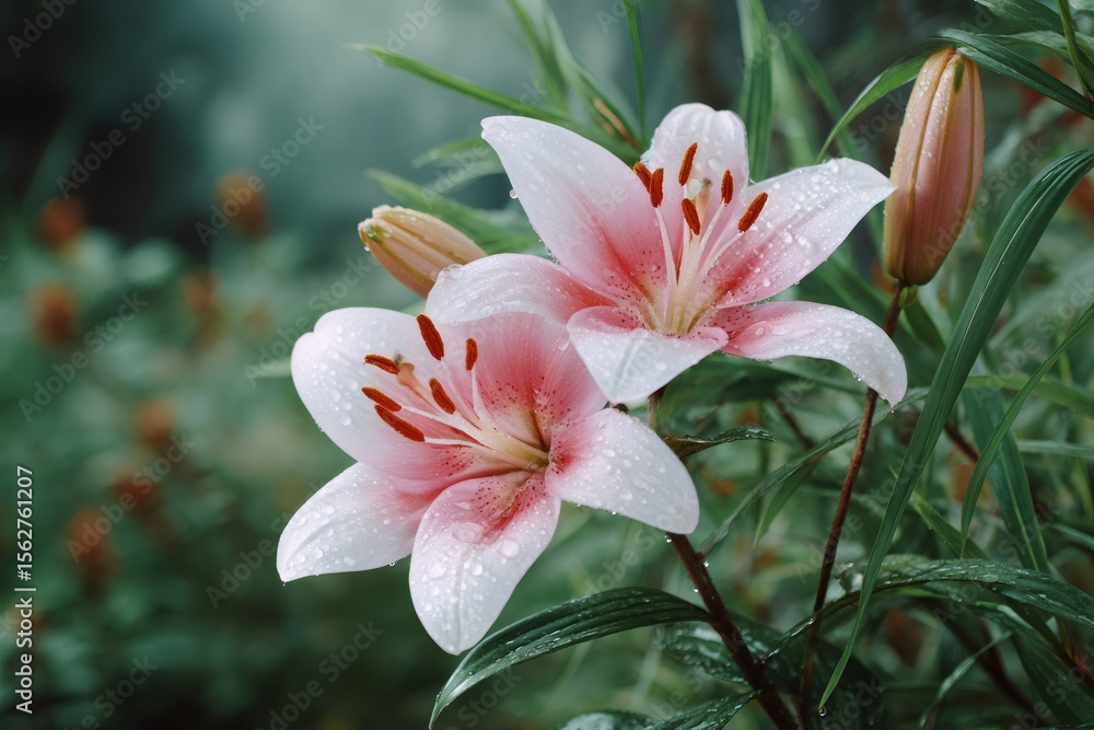 Fototapeta premium Two beautiful pink lilies blooming in summer garden