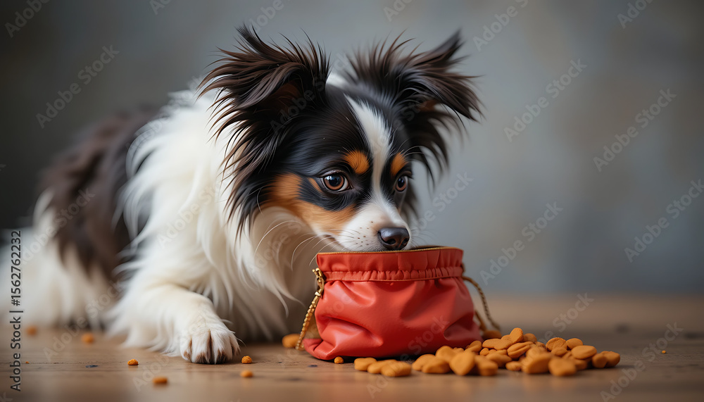 Obraz premium Curious Papillon Dog Gazing at Food Pouch with Scattered Treats, Close-Up