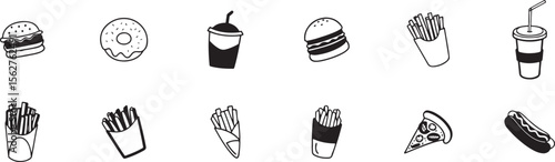 Black and White Icon Set Featuring a Wide Range of Delicious Fast Food and Snack Items in Vector Illustration Style.