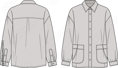 Button down casual shirt front back view fashion CAD drawing, flat vector technical sketch illustration, pockets collar sleeve cuff design