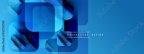Abstract blue shapes overlap, creating dynamic visual effect. Gradient shades enhance depth, modern aesthetic. Minimal text present.