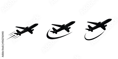 A minimalist set of three black airplane silhouettes on a white background