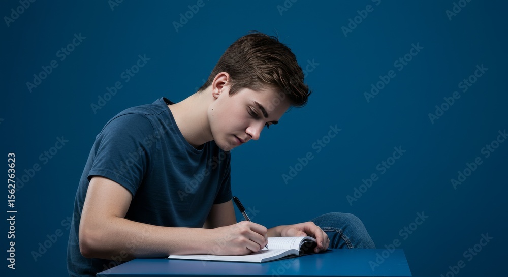 Obraz premium A young student in casual clothes sits at a desk, leaning slightly forward while writing in a notebook