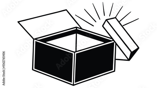 an open box with rays emanating from it and a detached lid on the side