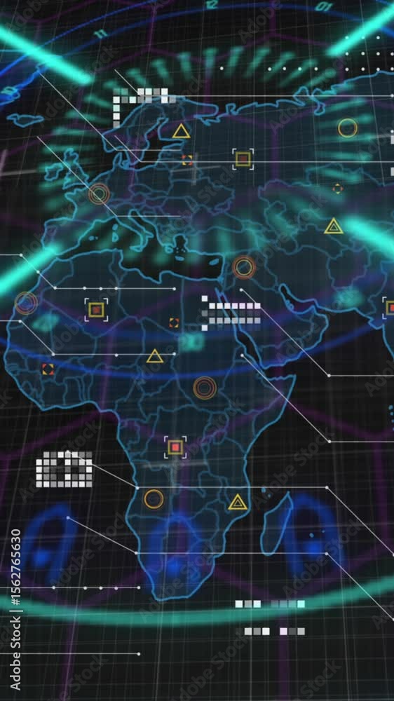 Animation of scope, markers and data processing over world map Animation of scope, markers and data processing over world map
