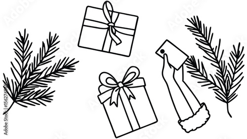 Festive outline christmas gifts, fir branches, and a hand holding a card design