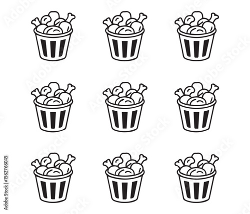 Fried Chicken Bucket Vector Icon Set – Crispy Drumstick Silhouette Illustration