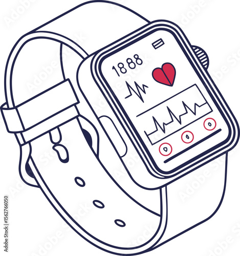  smartwatch with heart rate monitor, health tracking graphs, flat icon style