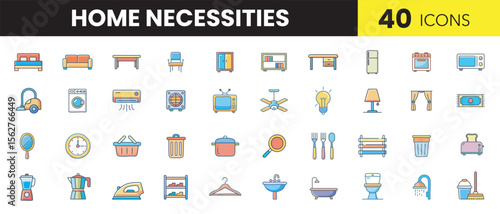 Home Necessities Color Icons – Essential Household Items in Flat Vector Style