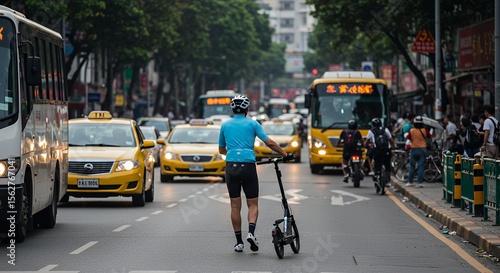 Cyclist with folding bike navigating busy city street, surrounded by taxis and buses, a scene of urban life.