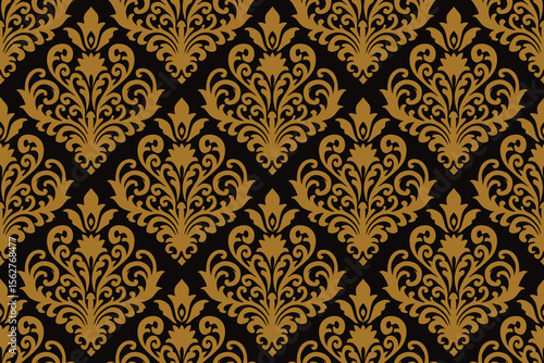 Elegant seamless vintage damask pattern in gold and black. Luxurious ornamental design perfect for wallpapers, fabrics, and upscale interior decor.