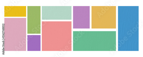 Colorful blocks of rectangles and squares are arranged in a similar arrangement to cuttings of different sizes and ratios, slightly roughened paper.