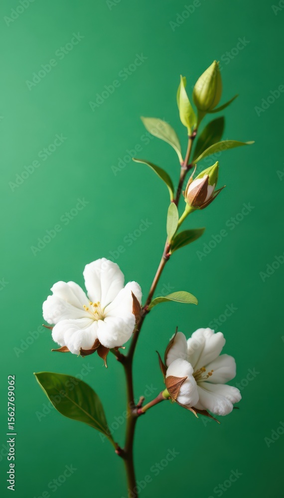Obraz premium Delicate eucalyptus & cotton blossoms, minimalist green backdrop, nature, eco, still life