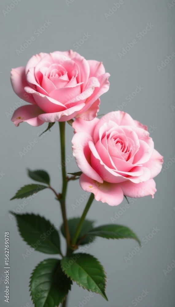 Obraz premium Delicate pink roses, soft gray backdrop, spring bloom , nature, pink roses, outdoor