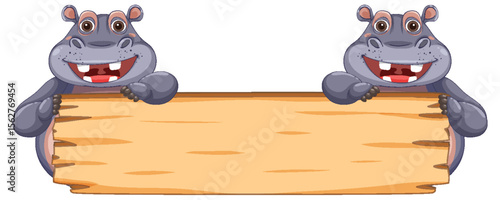 Happy Hippos Holding Wooden Sign