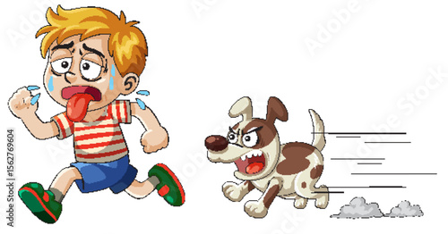 Boy Running from Angry Dog in Cartoon Style
