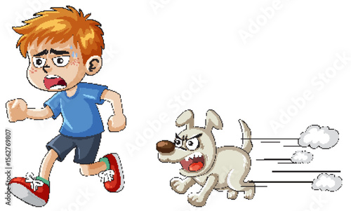 Boy Running from Angry Dog in Cartoon Style