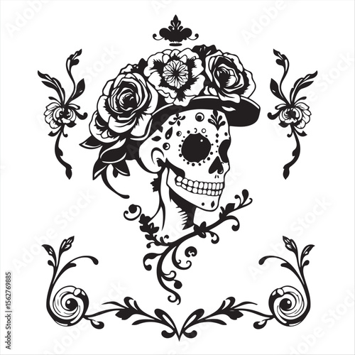 A timeless and elegant Dia de Muertos tattoo art print.  The design is a classic black and white vector silhouette, richly detailed with complex ornamental elements. 