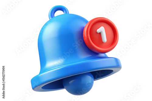 Blue 3d notification bell icon with red badge and number one isolated on transparent background