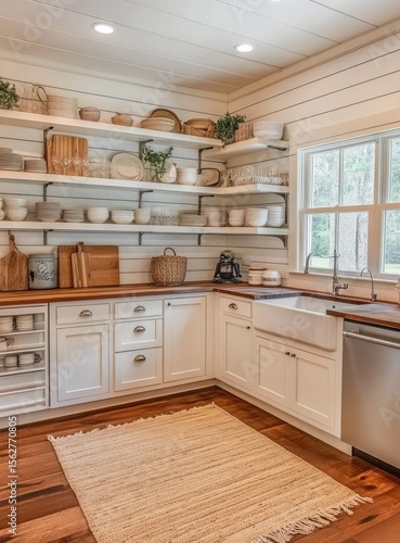 A bright, airy kitchen with white cabinets, open shelving, and a natural wood countertop.  Wooden floors and a woven rug add warmth