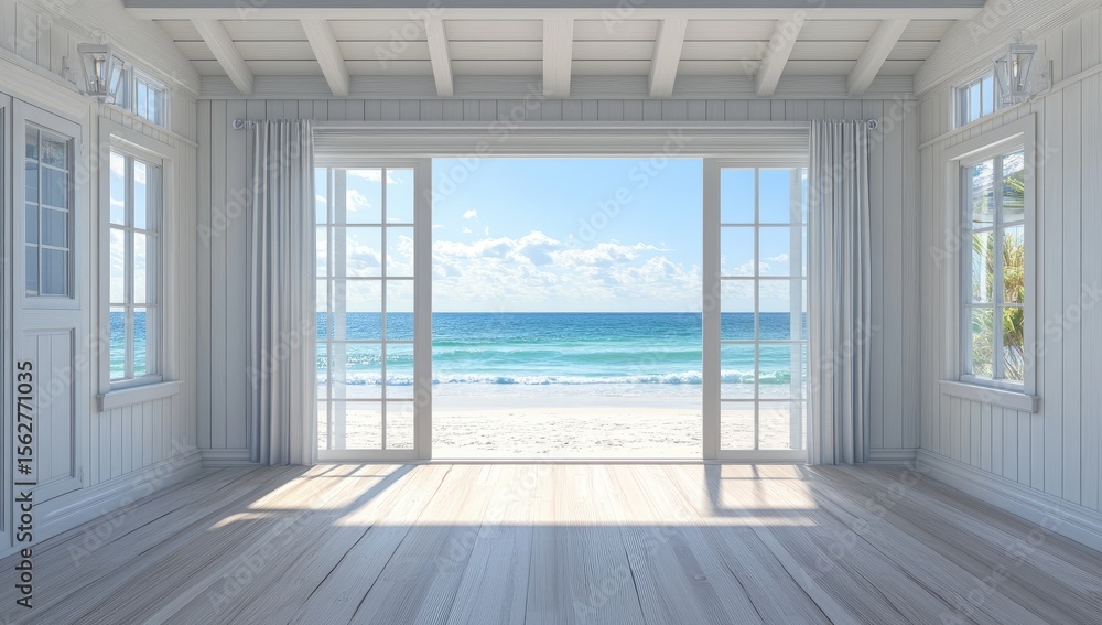 Obraz premium White beach house interior with ocean view