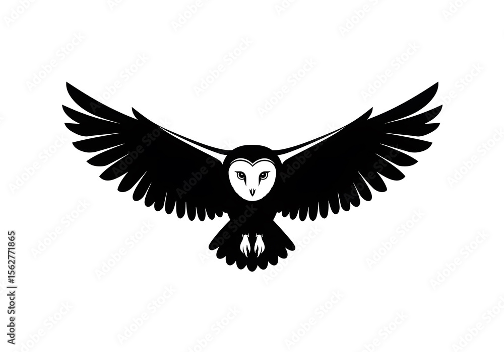 Naklejka premium Majestic Barn Owl Soaring, Abstract Silhouette Design, Minimalist Owl Illustration with Spread Wings Against a Black Background, Artistic Barn Owl Illustration for Modern Graphic Design Projects