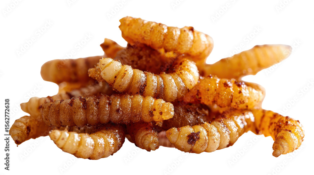 Fototapeta premium Delicious roasted edible worms, a unique protein source. transparent background