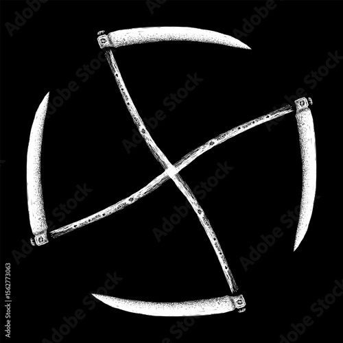 four sided old scythes hand drawing vector isolated on black background.