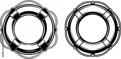 Bold black silhouette of circular lifebuoy with thick rope, ideal for summer safety designs