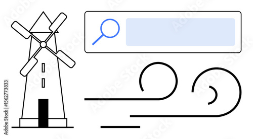 Windmill generating energy, search bar with magnifying glass, swirling wind lines suggesting movement. Ideal for sustainability, green energy, eco-friendly tech, efficiency, search engines